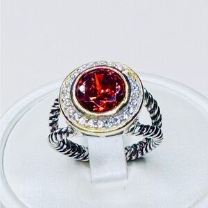 Elegant Sterling Silver 14K Gold w/Red Gemstone Ring